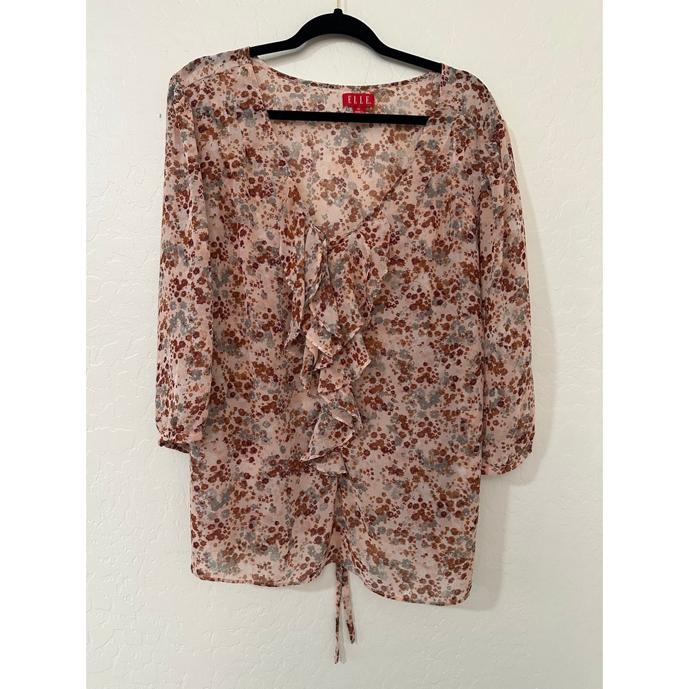 Elle Womans Floral Ruffle Cottagecore Top Pink Feminine 3X Lightweight Tie Back